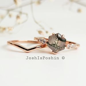 Hexagon Natural Moss Agate cocktail ring set in rose gold over sterling Silver